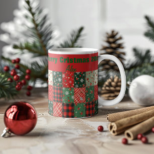 Christmas patchwork pattern green red coffee mug