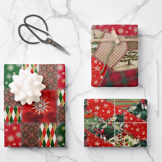 Christmas Patchwork Quilt Wrapping Paper Sheet (Front)