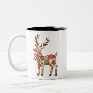 Christmas Patchwork Reindeer Embroidery Animal Two-Tone Coffee Mug