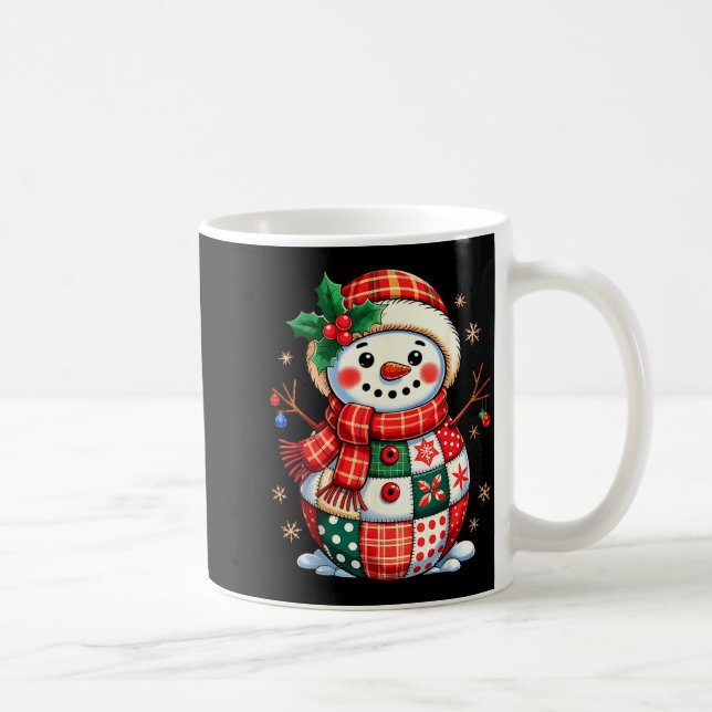 Christmas Patchwork Snowman - Quilted Holiday Aest Coffee Mug (Right)