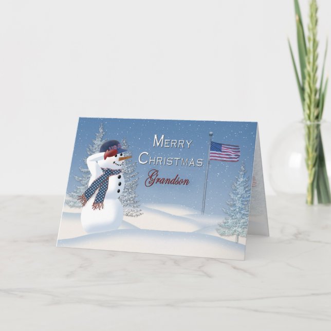 Christmas - Patriotic - Grandson -Snowman/Saluting Holiday Card (Front)