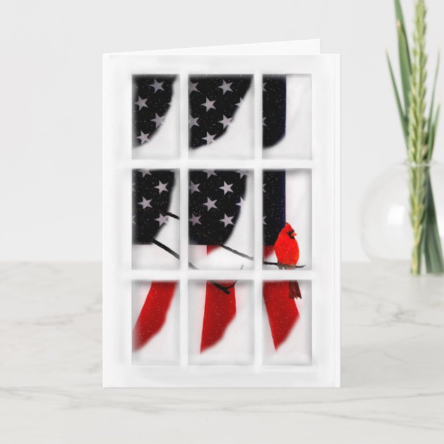 Christmas, Patriotic, Red Cardinal, Flag, Window Holiday Card (Front)
