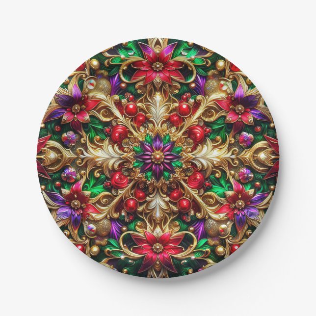 CHRISTMAS PATTERN ~ Floral ~ Red Green Gold ~ Paper Plate (Front)