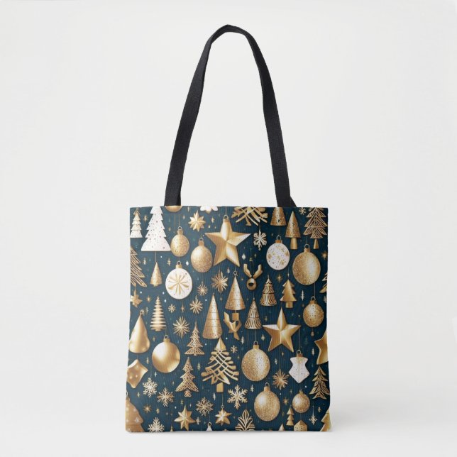 Christmas pattern gold and black ornaments decor tote bag (Front)