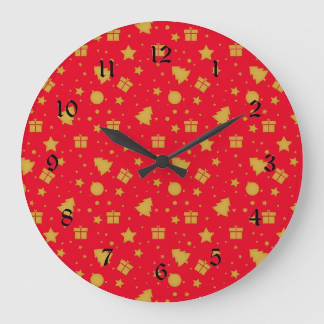 Christmas Pattern in Holiday Gold and Red Large Clock (Front)