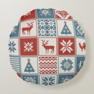 Christmas pattern in patchwork style. Traditional Round Cushion