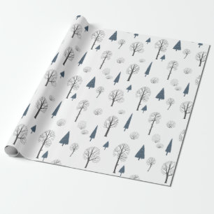 Christmas Pattern Of Blue, Black Trees On White Wrapping Paper