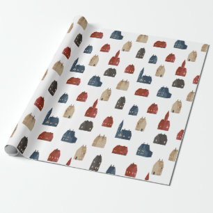 Christmas Pattern Of Colourful Buildings On White Wrapping Paper