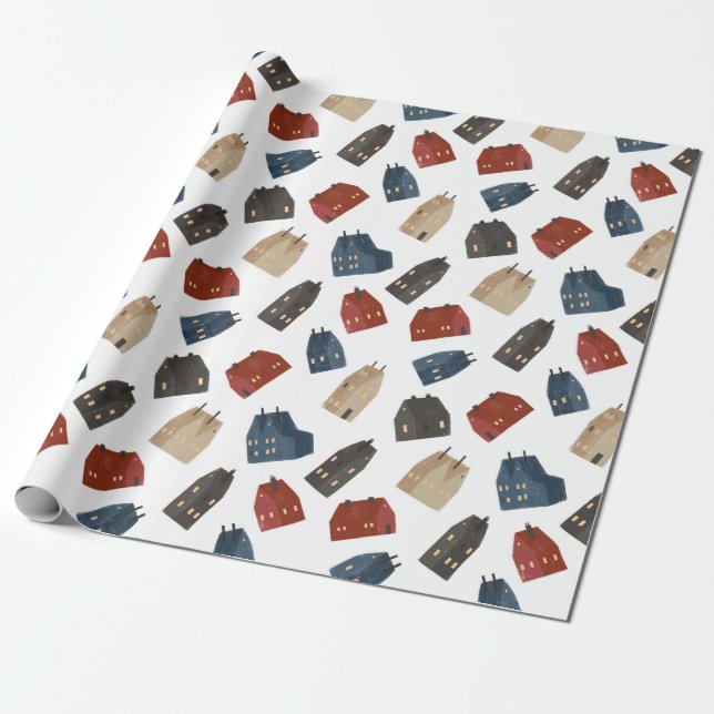 Christmas Pattern Of Colourful Buildings On White Wrapping Paper (Unrolled)