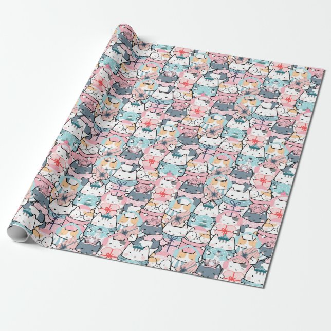 Christmas Pattern Of Funny Adorable Cats, Gifts Wrapping Paper (Unrolled)