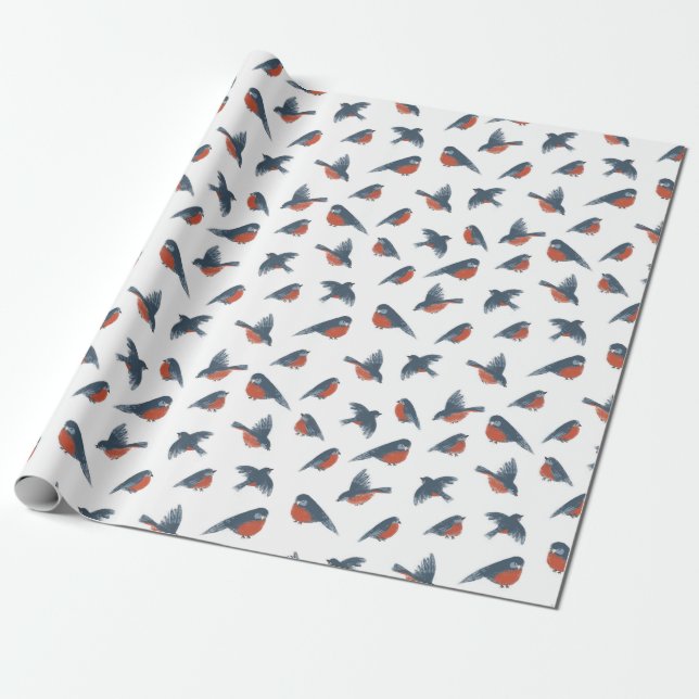 Christmas Pattern Of Red Robin Birds On White Wrapping Paper (Unrolled)