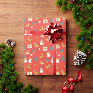 Christmas Pattern of Trees, Bells, and Reindeer, Wrapping Paper