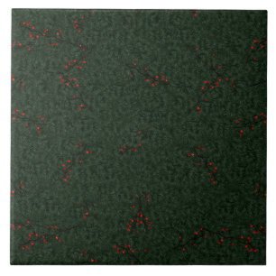 Christmas Pattern Pine Needles and Red Berries Ceramic Tile