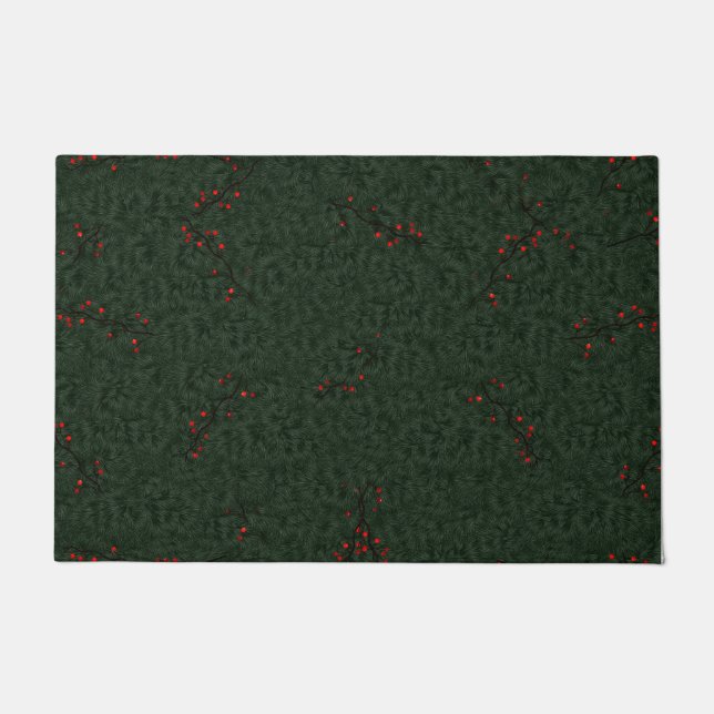 Christmas Pattern Pine Needles and Red Berries Doormat (Front)