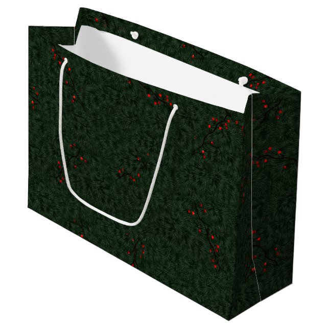 Christmas Pattern Pine Needles and Red Berries Large Gift Bag (Front Angled)