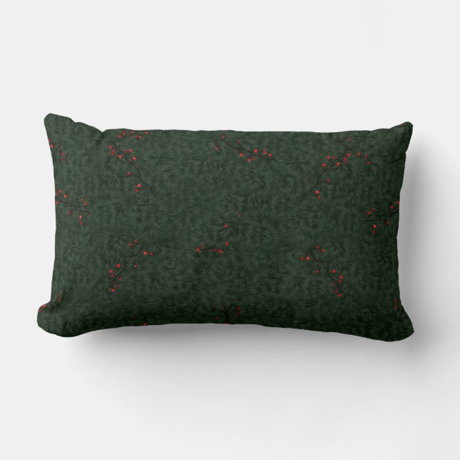 Christmas Pattern Pine Needles and Red Berries Lumbar Cushion (Front)