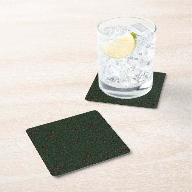 Christmas Pattern Pine Needles and Red Berries Square Paper Coaster (Insitu)