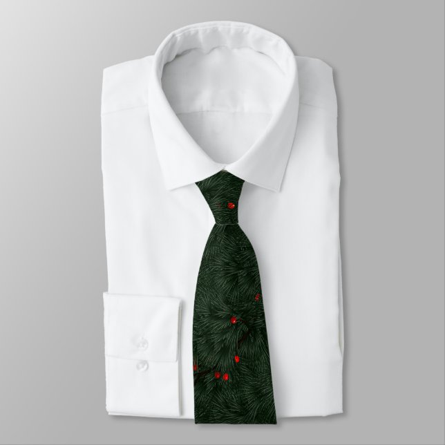 Christmas Pattern Pine Needles and Red Berries Tie (Tied)