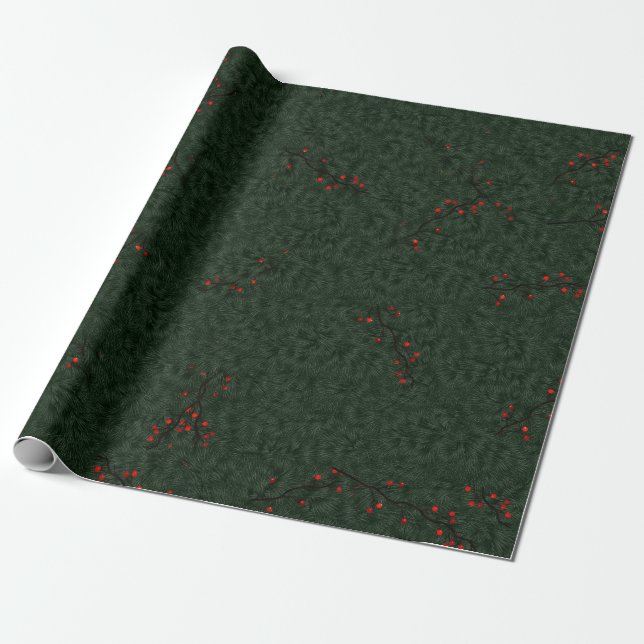 Christmas Pattern Pine Needles and Red Berries Wrapping Paper (Unrolled)