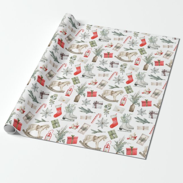Christmas Pattern Rocking Horse Ice Skates Gift Wrapping Paper (Unrolled)