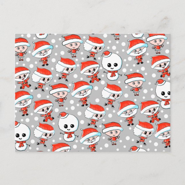 Christmas Pattern Santa and Snowman on Grey Holiday Postcard (Front)