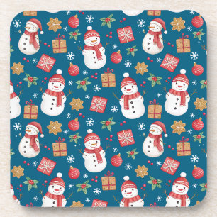 Christmas Pattern Snowman Holly Leaves And Present Coaster