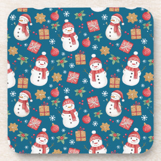 Christmas Pattern Snowman Holly Leaves And Present Coaster