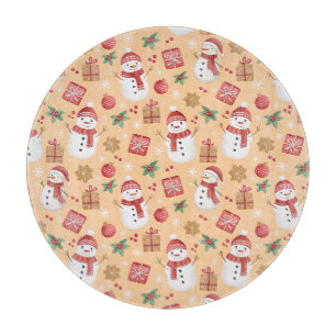 Christmas Pattern Snowman Holly Leaves And Present Cutting Board