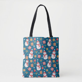Christmas Pattern Snowman Holly Leaves And Present Tote Bag