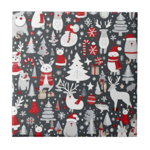 Christmas pattern snowman santa trees grey decor ceramic tile