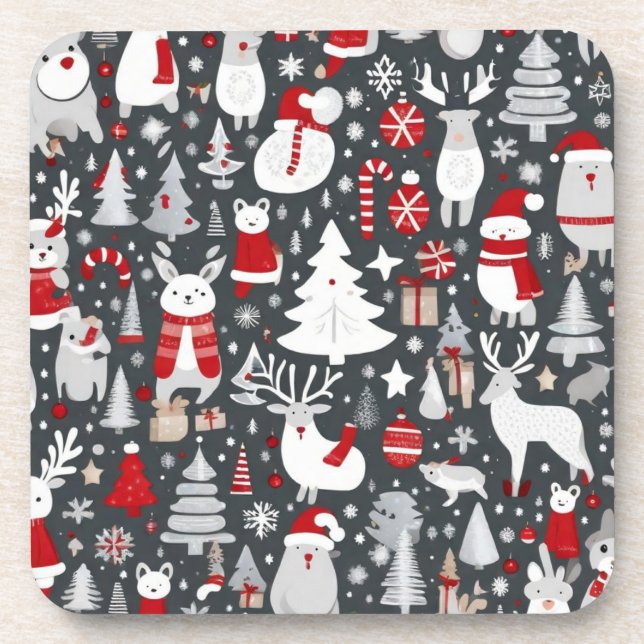 Christmas pattern snowman santa trees grey decor coaster (Front)