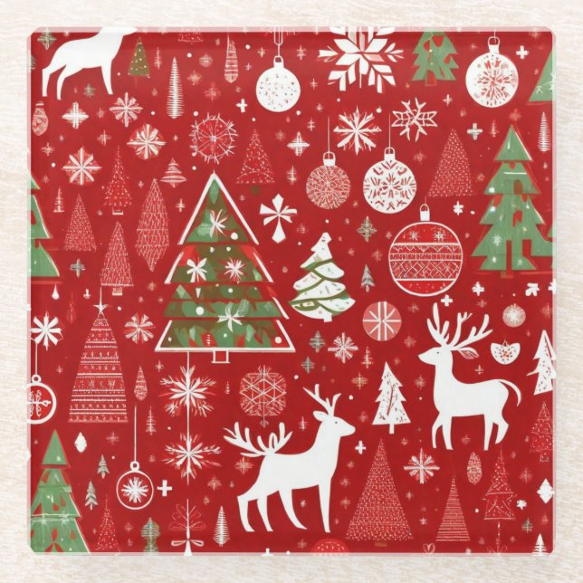 Christmas pattern snowman santa trees grey decor glass coaster (Front)