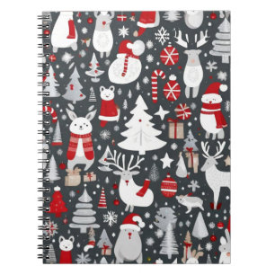 Christmas pattern snowman santa trees grey decor notebook