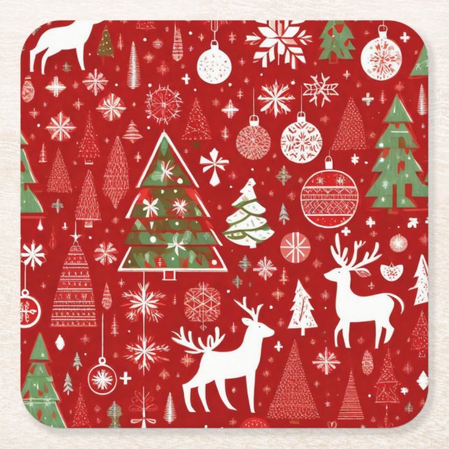 Christmas pattern snowman santa trees grey decor square paper coaster (Front)