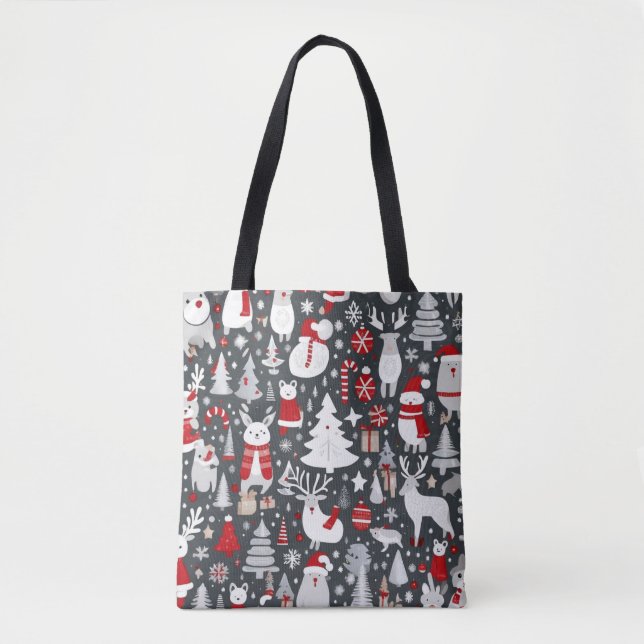 Christmas pattern snowman santa trees grey decor tote bag (Front)