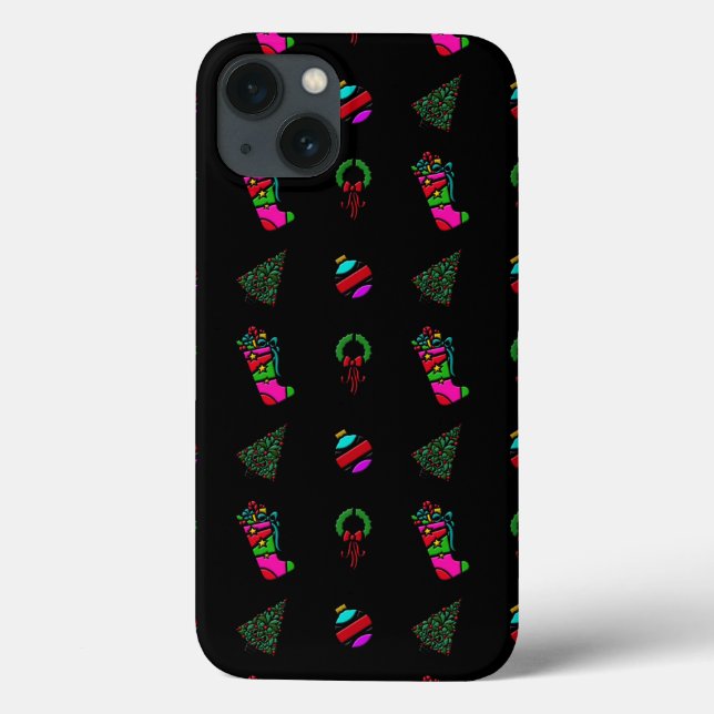 Christmas Pattern Stocking, Tree, Wreath on Black Case-Mate iPhone Case (Back)