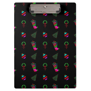 Christmas Pattern Stocking, Tree, Wreath on Black Clipboard