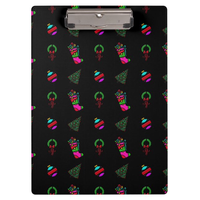 Christmas Pattern Stocking, Tree, Wreath on Black Clipboard (Front)