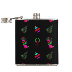Christmas Pattern Stocking, Tree, Wreath on Black Hip Flask