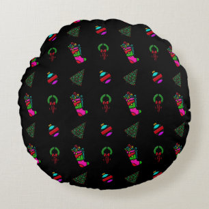 Christmas Pattern Stocking, Tree, Wreath on Black Round Cushion
