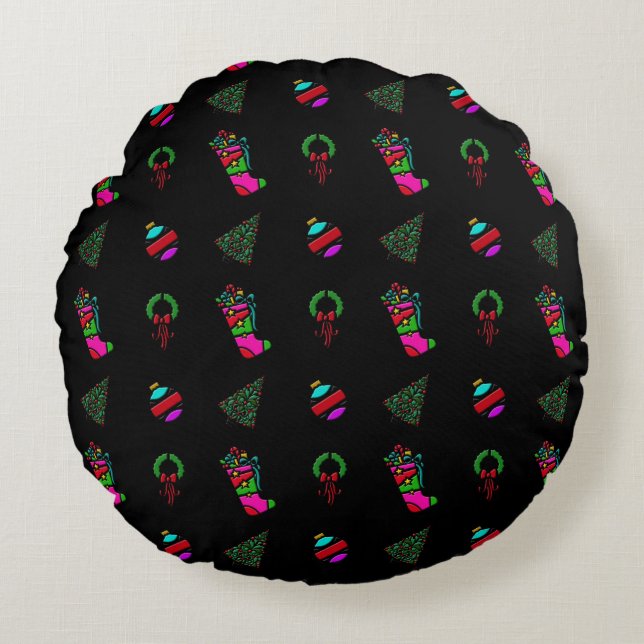 Christmas Pattern Stocking, Tree, Wreath on Black Round Cushion (Front)