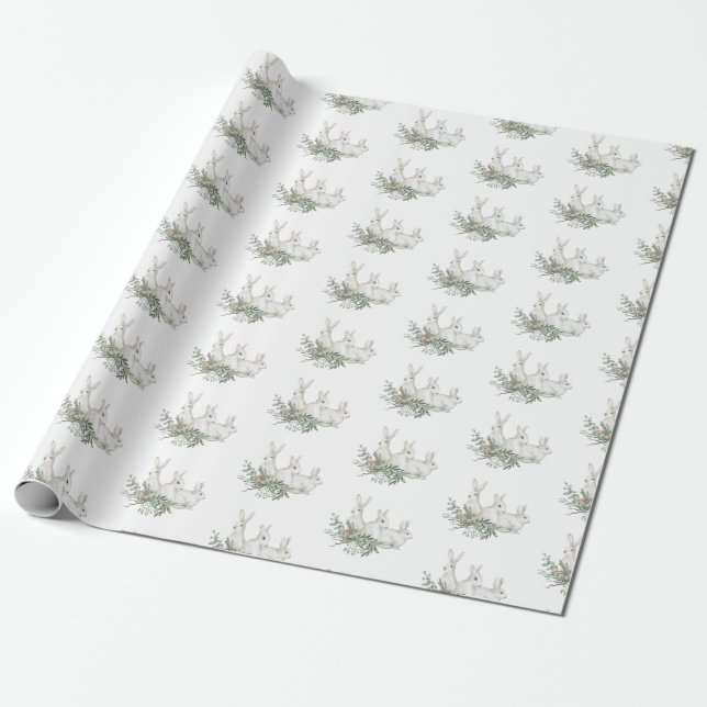 Christmas Pattern White Bunny Rabbit Hare Gift Wrapping Paper (Unrolled)