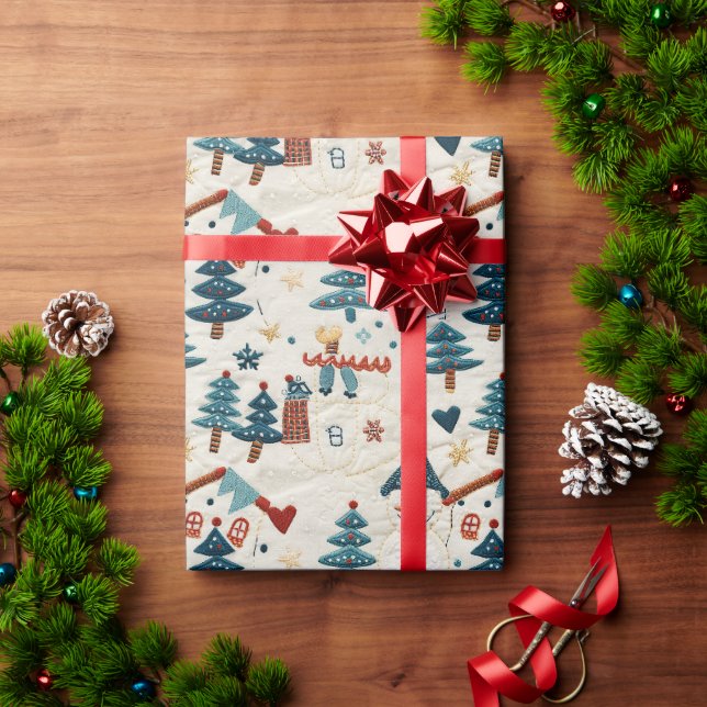 Christmas Pattern With A Snowman And Trees Wrapping Paper (Holiday Gift)