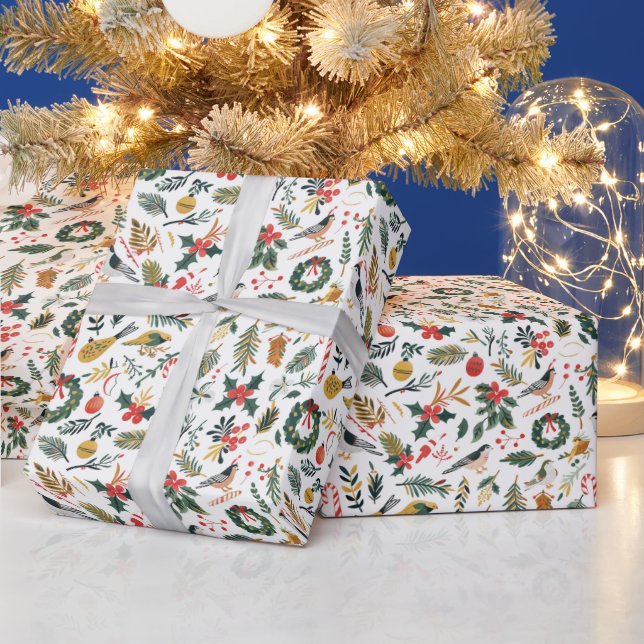 Christmas Pattern With Birds, Wreaths & Candy Wrapping Paper (Holidays)