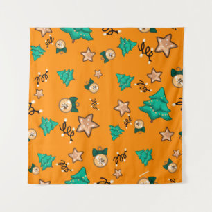 Christmas pattern with candles, Tangerinesbackgrou Tapestry