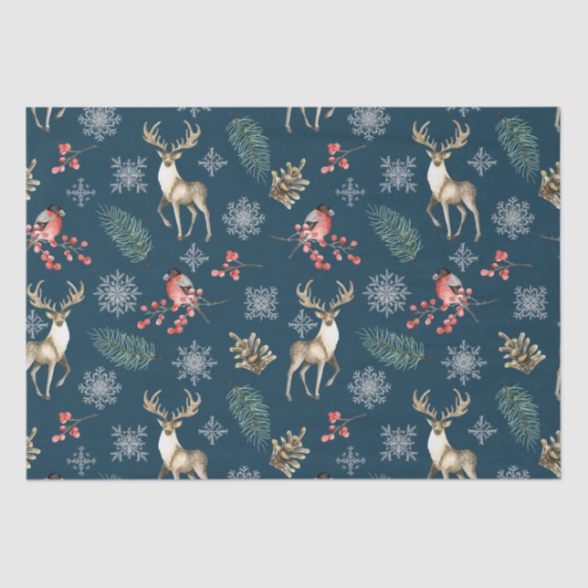 Christmas Pattern With Deer & Bullfinches Blue Tissue Paper (Front)
