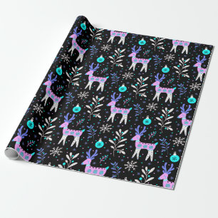 Christmas pattern with deer in neon wrapping paper