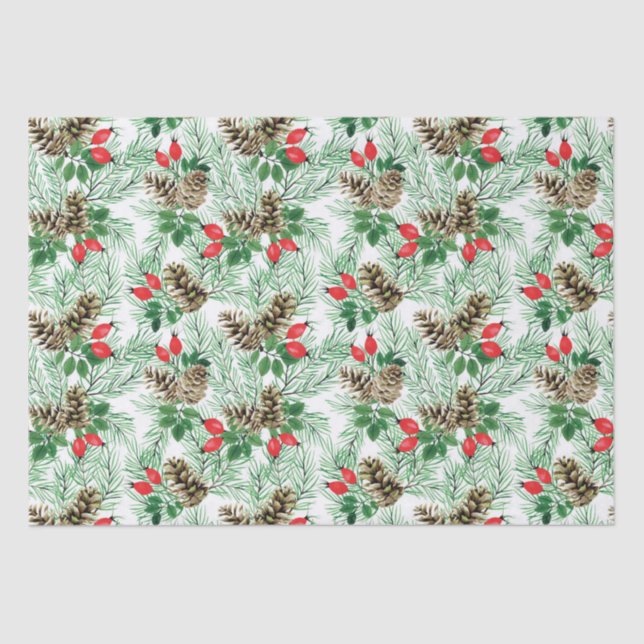 Christmas pattern with evergreens and red berries tissue paper (Front)