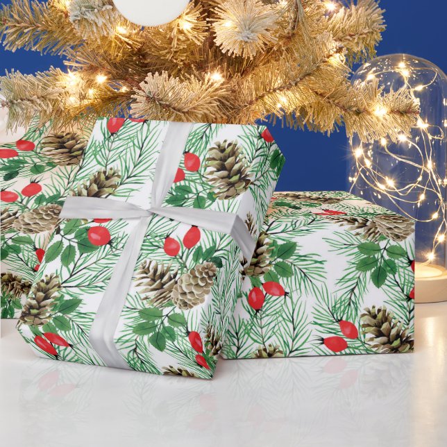 Christmas pattern with evergreens and red berries wrapping paper (Holidays)