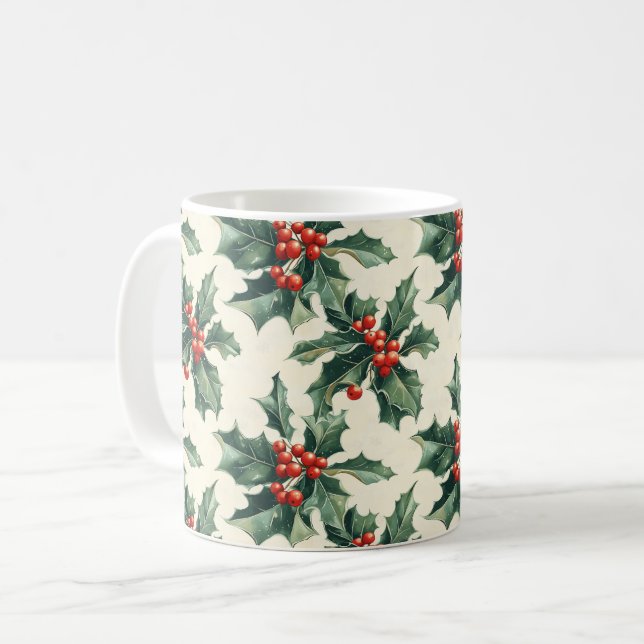 Christmas Pattern with Holly Leaves and Red Berry Coffee Mug (Front Left)